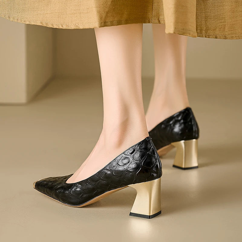 Women's Genuine Leather Mid Heel Square Toe Pumps Shoes