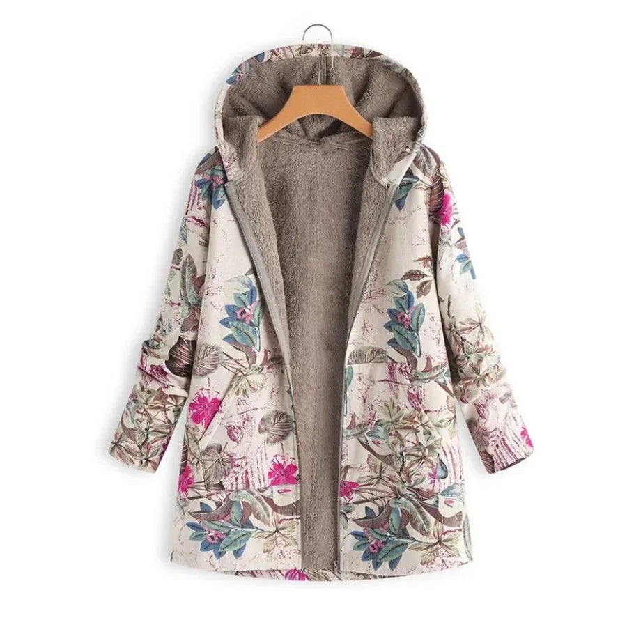 Women's Printed Hooded Long Sleeve Vintage Coat