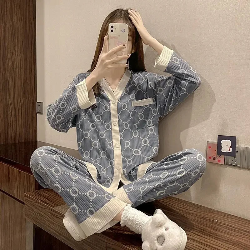 Women's 2Pcs Warm Button Sleepwear Set