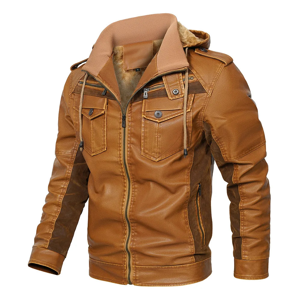 Men's Fur Leather Hooded Zipper Biker Jacket