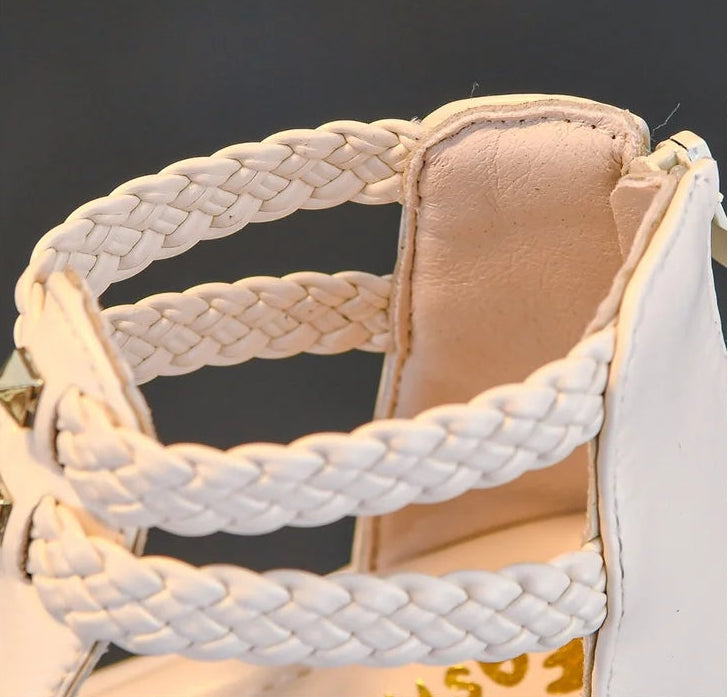 Girls Braided Solid Color Simple Rivets Hollow Flat Sandals