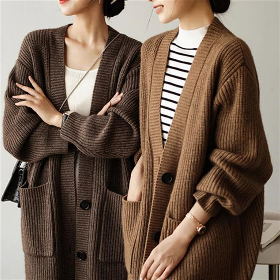 Women's Long Knitted  Single Breasted V-neck Sweater Cardigan