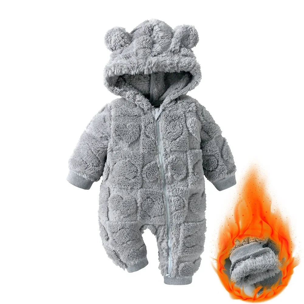 Newborn Baby Thicken Flannel Warm Hooded Jumpsuit Romper