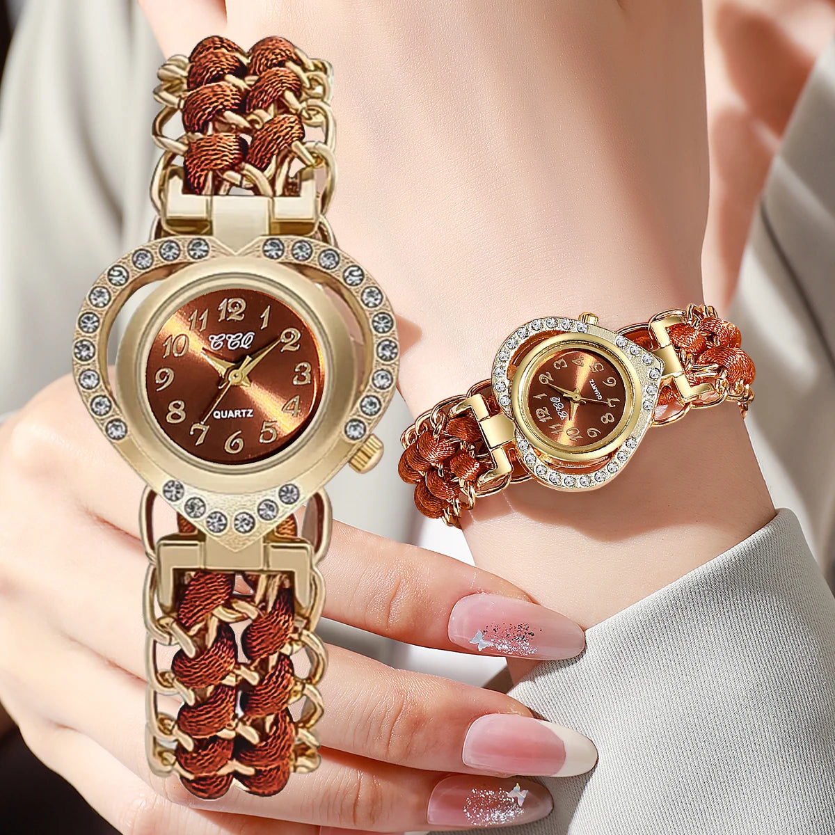 Women's Rhinestone Heart Dial Woven Strap Quartz Wristwatch