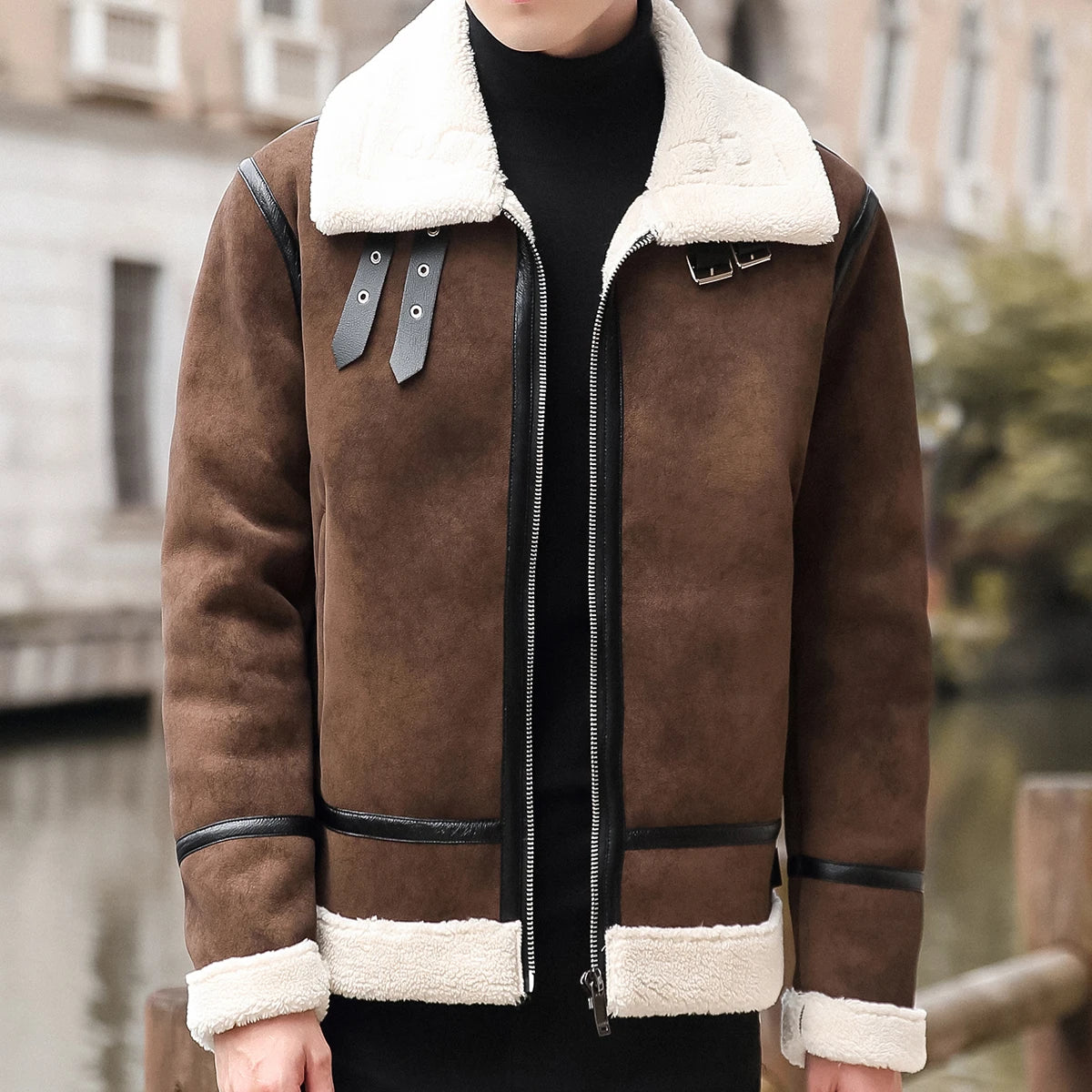 Men's Fur Collar Lamb Wool Comfort Leather Jacket