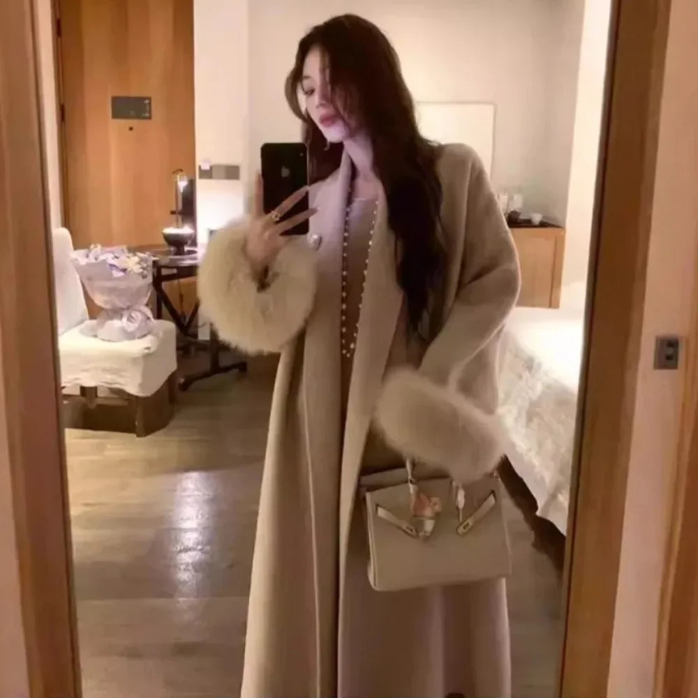 Women's Long Fur Woolen Double Sided Cashmere Coat