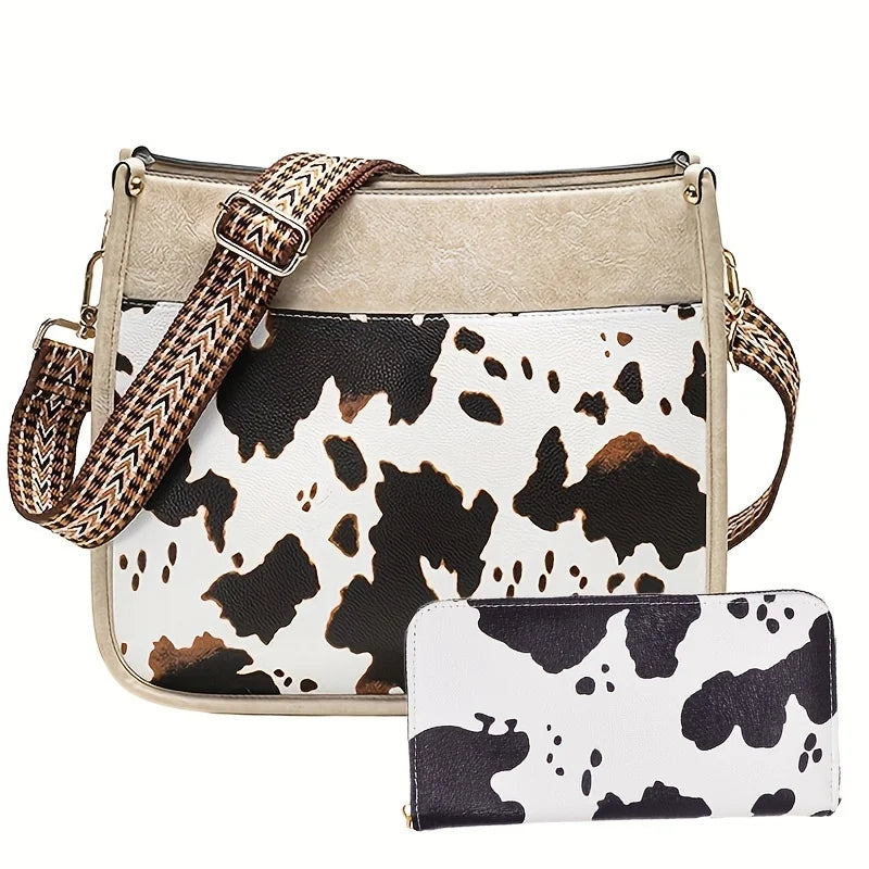 Women's 2Pcs Faux Leather Cow Pattern Shoulder Handbag Purse