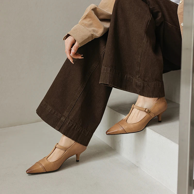 Women's Cow Leather T-Strap Pumps Shoes