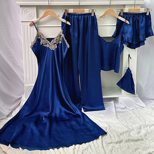 Women's 5Pcs Satin Lace Trim Top Ruffle Shorts Lounge Pants Loungewear Set