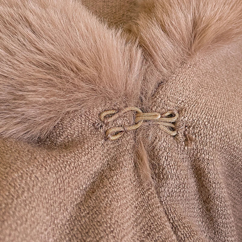 Women's Mink Wool Full Trims Faux Fur Hooded Fleece Cloak Wrap Cape
