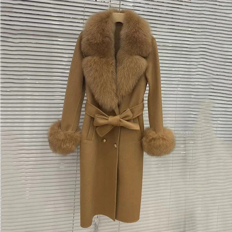 Women's Double Breasted Wool Cashmere Real Fox Fur Collar Coat