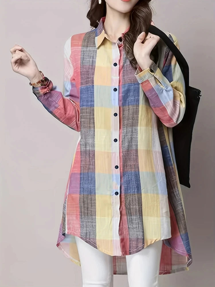 Women's Loose Stripe Plaid Lightweight Long Sleeve Shirt