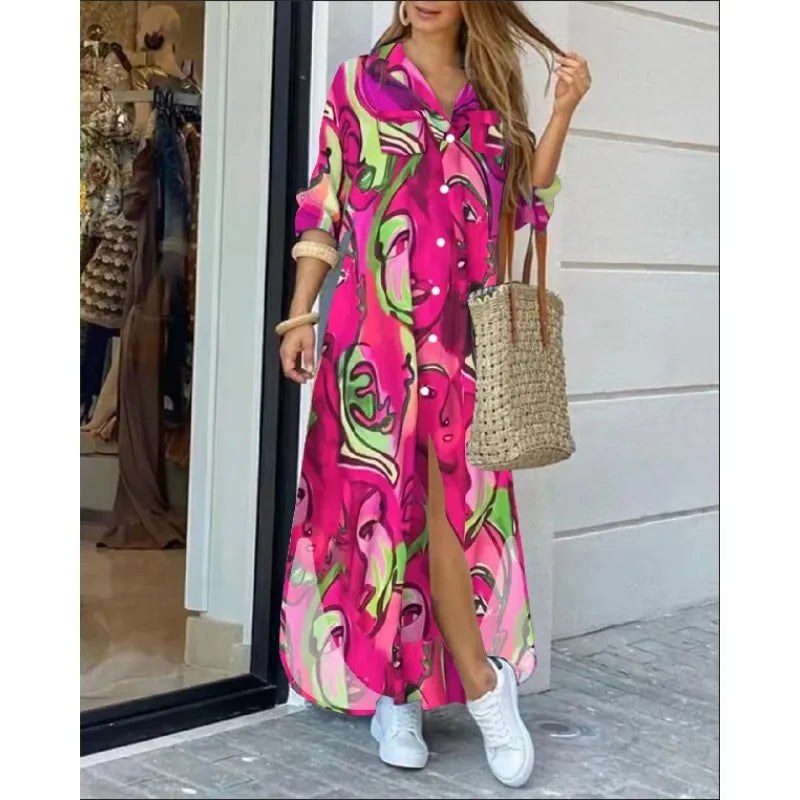 Women's Long Sleeve Floral Printed Buttoned Dress