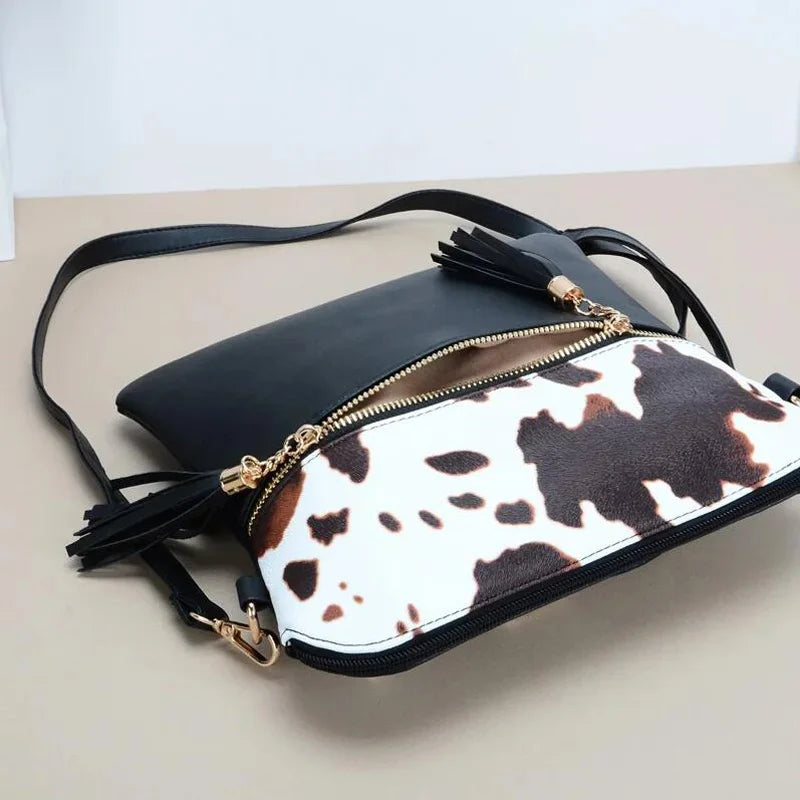 Women's PU Leather Cow Print Wristlet Tassel Crossbody Shoulder Bag