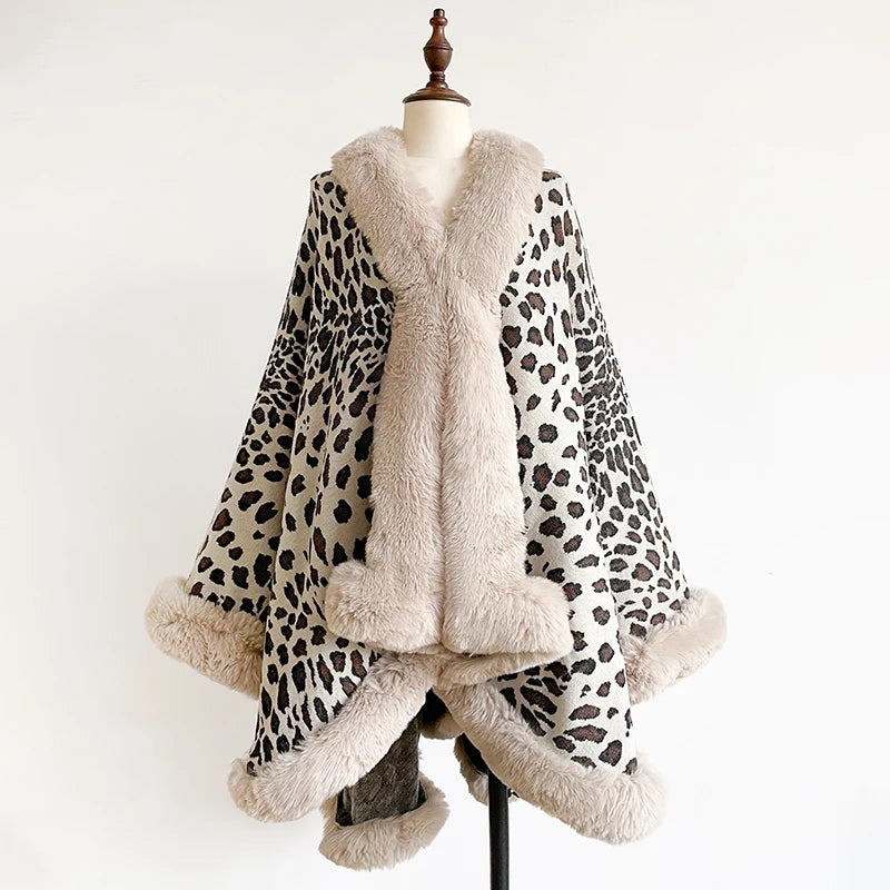 Women's Thick Warm Leopard Cloak Poncho Coat