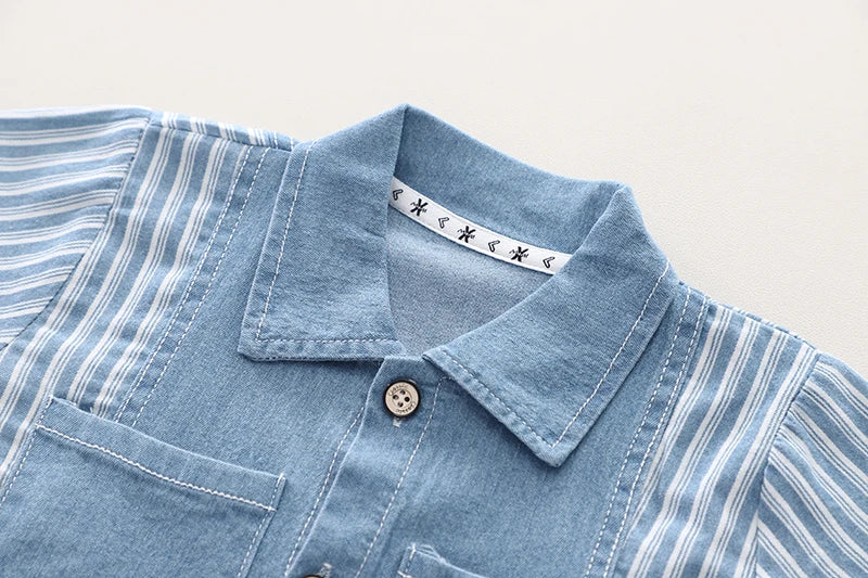 Kids' 2Pcs Denim Striped Shirt Short Suit Set