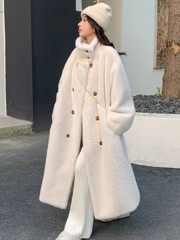 Women's Long Loose Double-Breasted Mink Fur Plush Coat