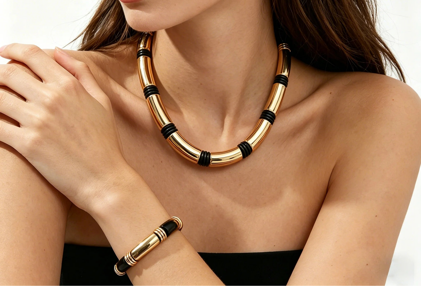 Women's 2PCS Thick Double Line Metal Tube Necklace Bracelet Set