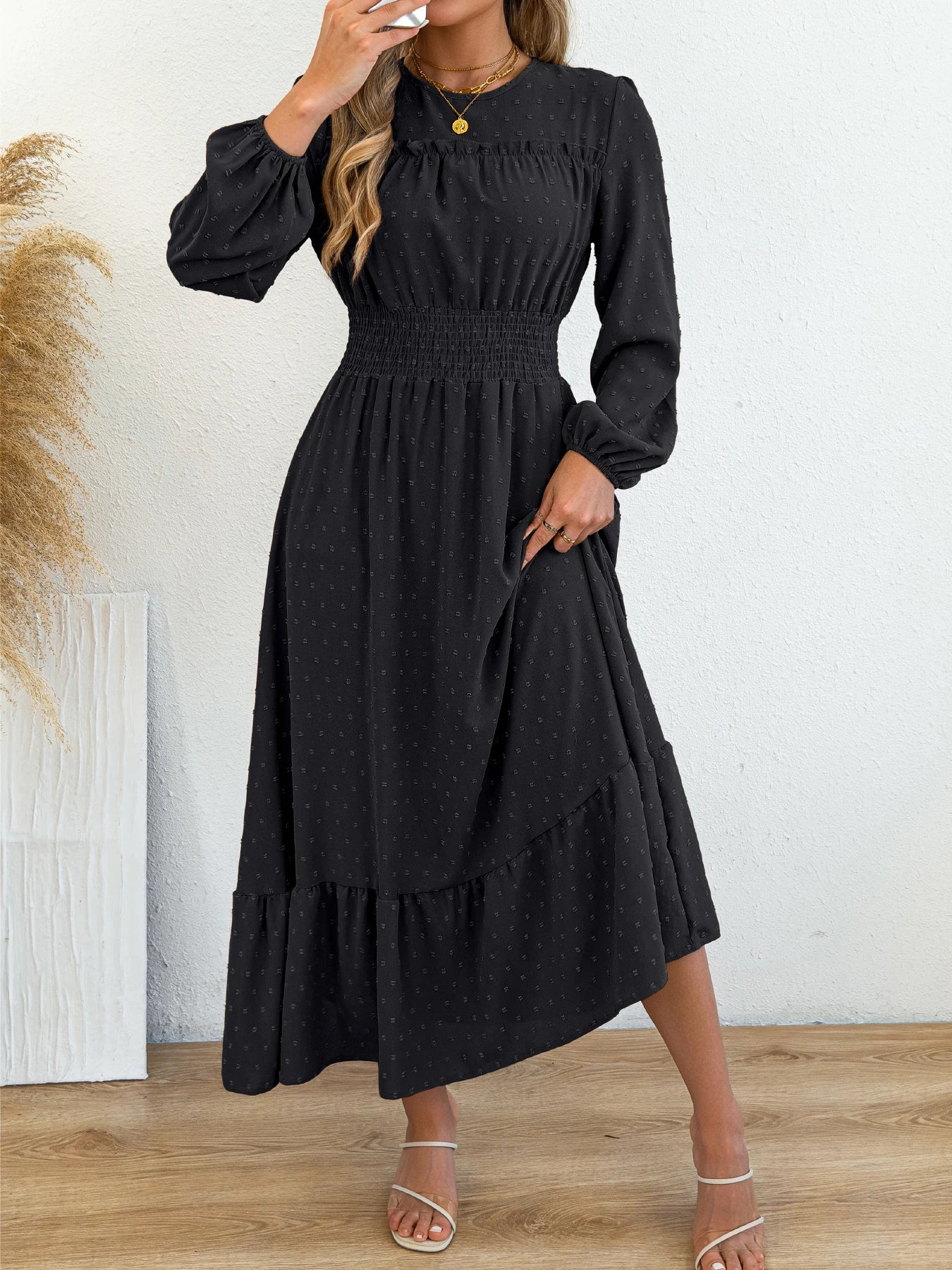 Women's Elegant Lantern Ruffled Plain Elastic Waist Maxi Dress