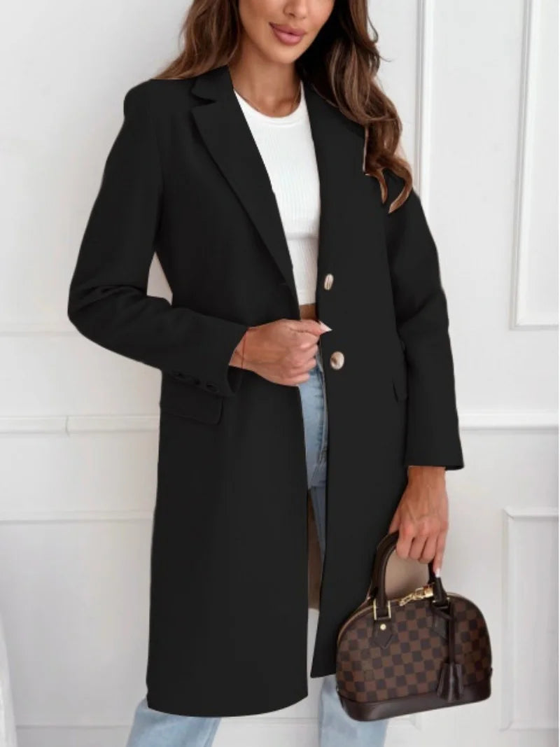 Women's Simple Medium And Long Button Tweed Coat