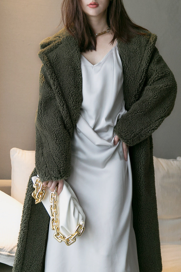 Women's Faux Fur Long Large Grain Lamb Sheep Wool Coat