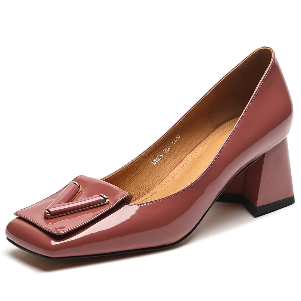 Women's Genuine Leather High Thick Heels Pumps Shoes