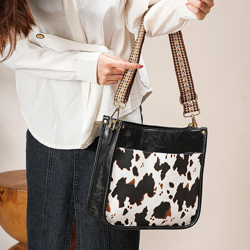 Women's 2Pcs Faux Leather Cow Pattern Shoulder Handbag Purse