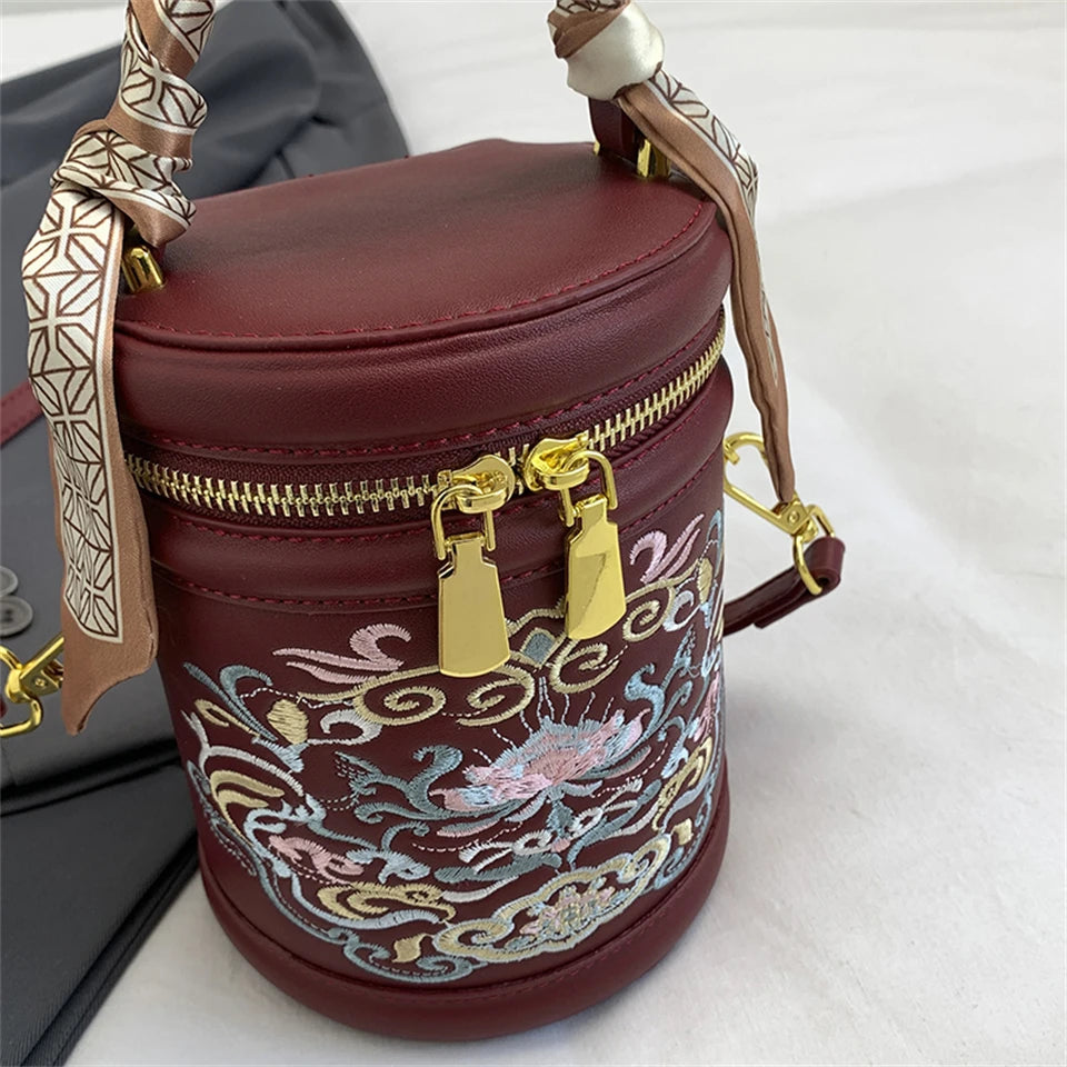 Women's Bucket Cylindrical Quality Leather Shoulder Bag