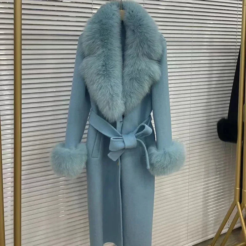 Women's Double Breasted Wool Cashmere Real Fox Fur Collar Coat
