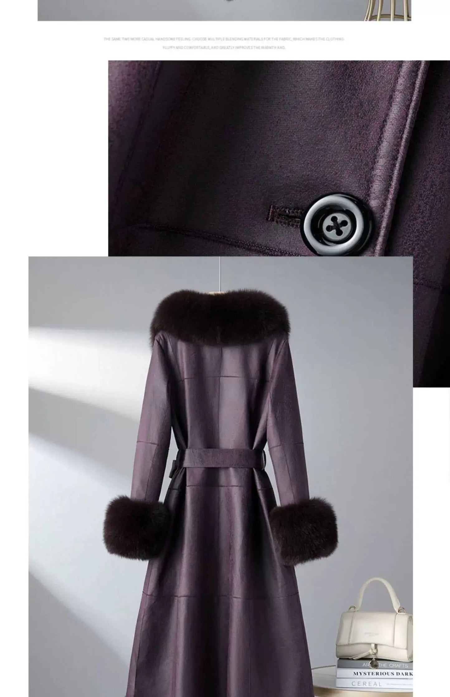 Women's Mid Length Rabbit Fur Fox Fur Collar Slim Fit Coat