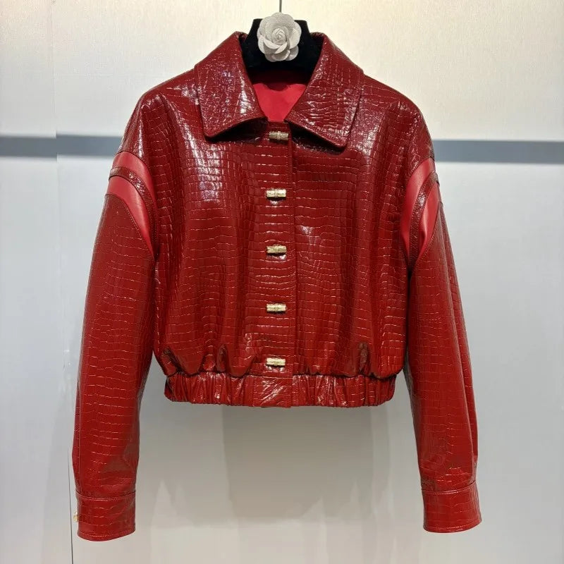 Women's Elegant Crocodile Grain Genuine Leather Short Jacket