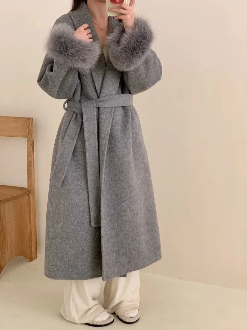 Women's Long Fur Woolen Double Sided Cashmere Coat