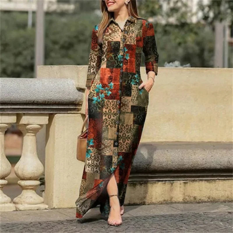 Women's Patchwork Printed Loose Long Lapel Buttons Dress