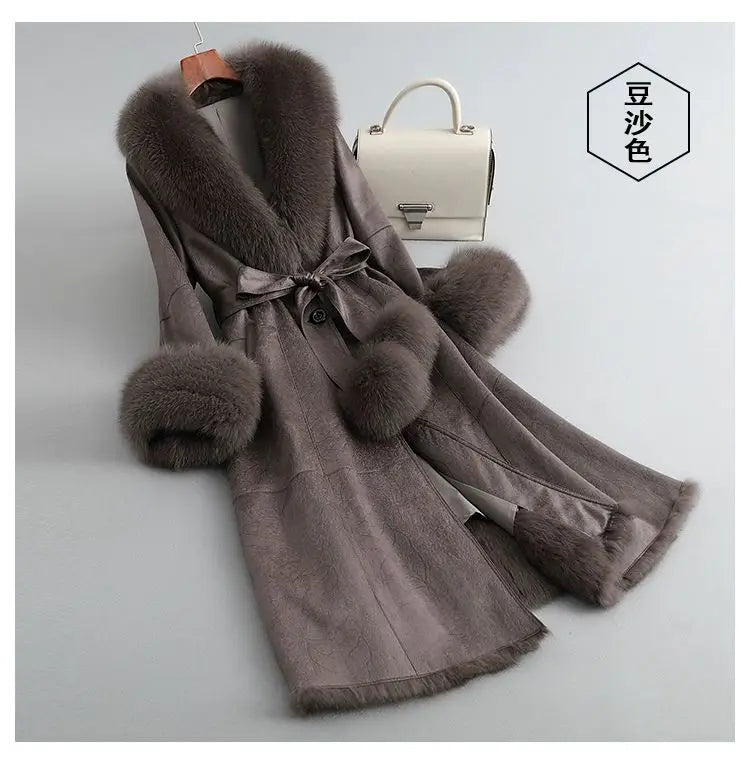 Women's Mid Length Rabbit Fur Fox Fur Collar Slim Fit Coat