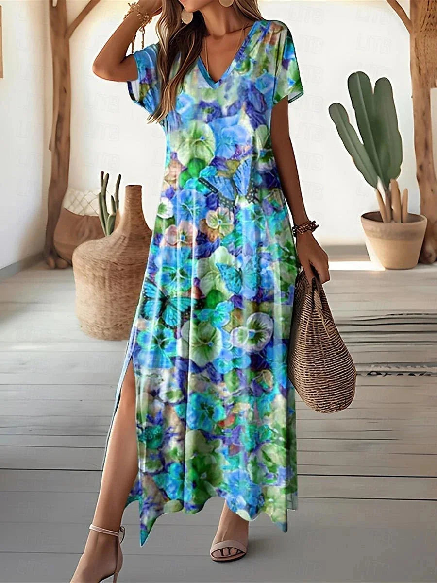 Women's Retro Floral Print Plus Size V-Neck Long Dress