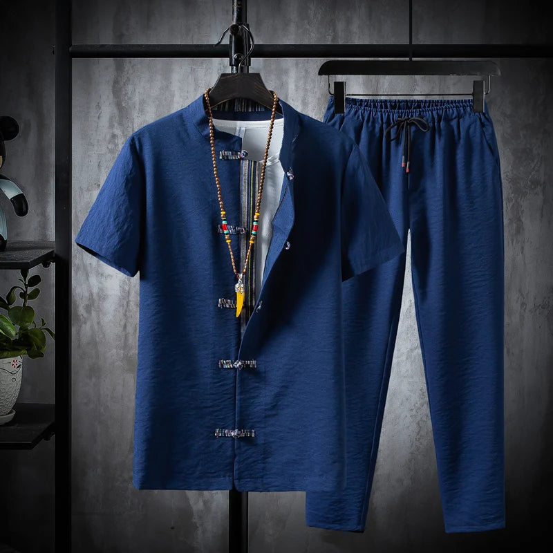 Men's 2PCs Cotton Linen Shirts Pants Set