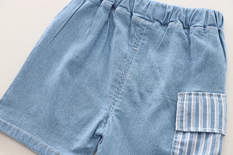 Kids' 2Pcs Denim Striped Shirt Short Suit Set