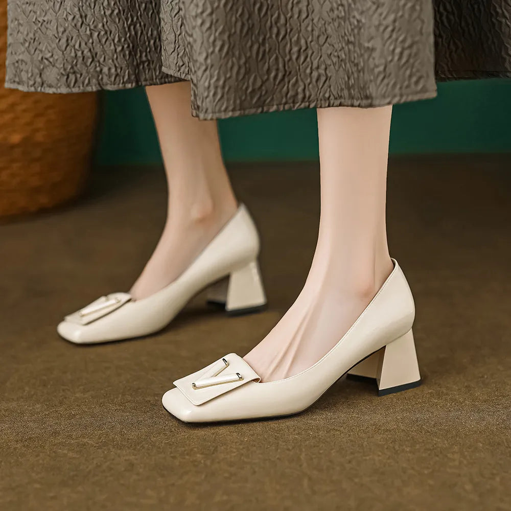 Women's Genuine Leather High Thick Heels Pumps Shoes