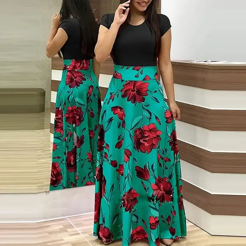 Women's Short Sleeve Slim Waist Pleated Maxi Dress