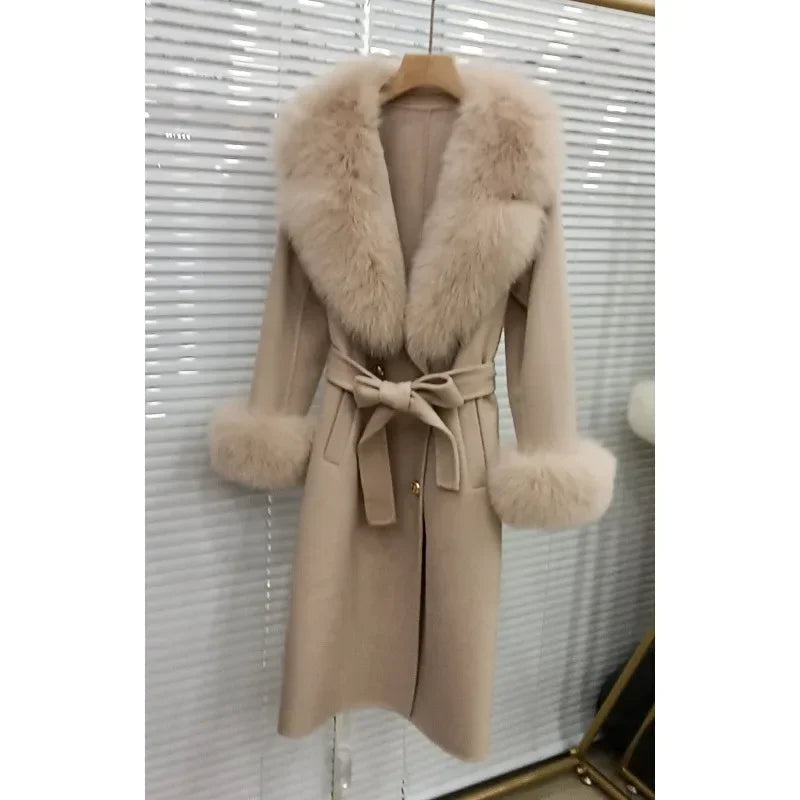 Women's Double Breasted Wool Cashmere Real Fox Fur Collar Coat