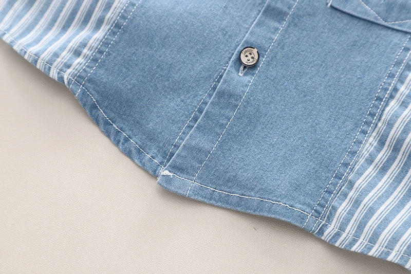 Kids' 2Pcs Denim Striped Shirt Short Suit Set