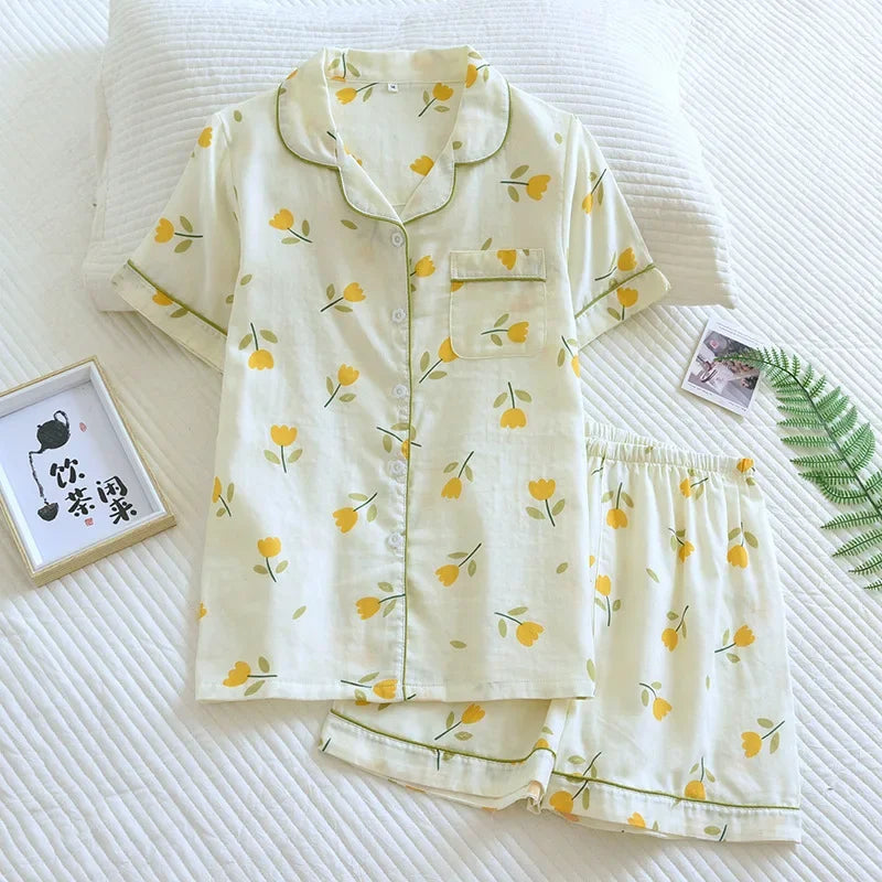 Women's 2Pcs Cotton Gauze Thin Short Sleeved Short Pajamas Set