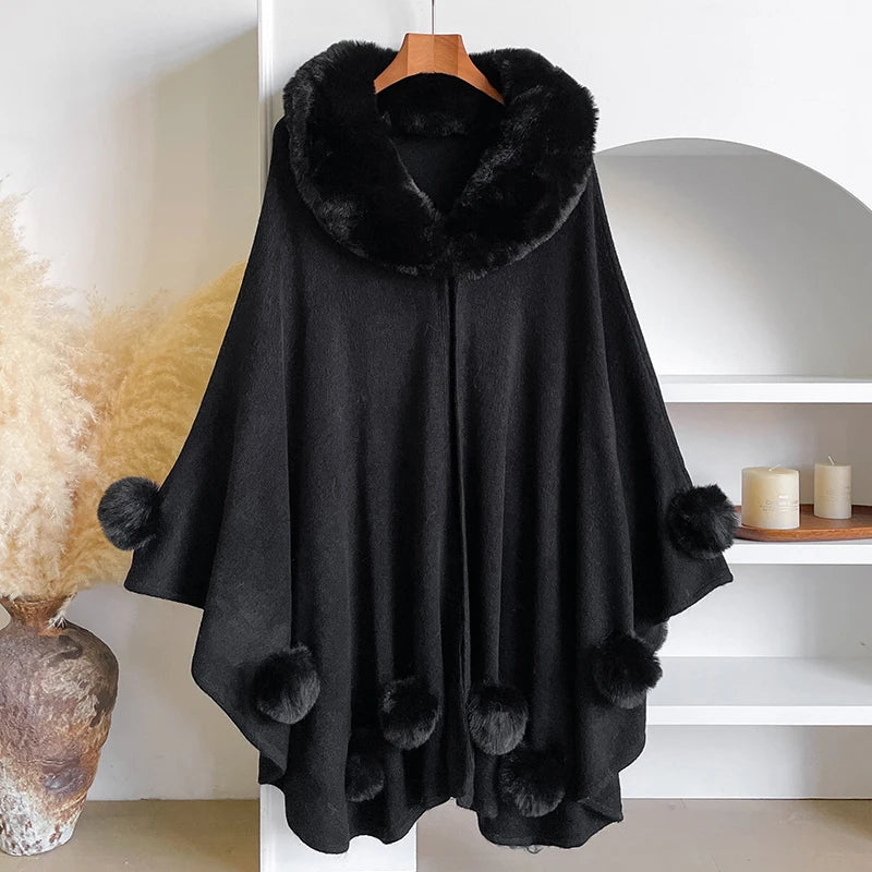 Women's Mink Wool Full Trims Faux Fur Hooded Fleece Cloak Wrap Cape