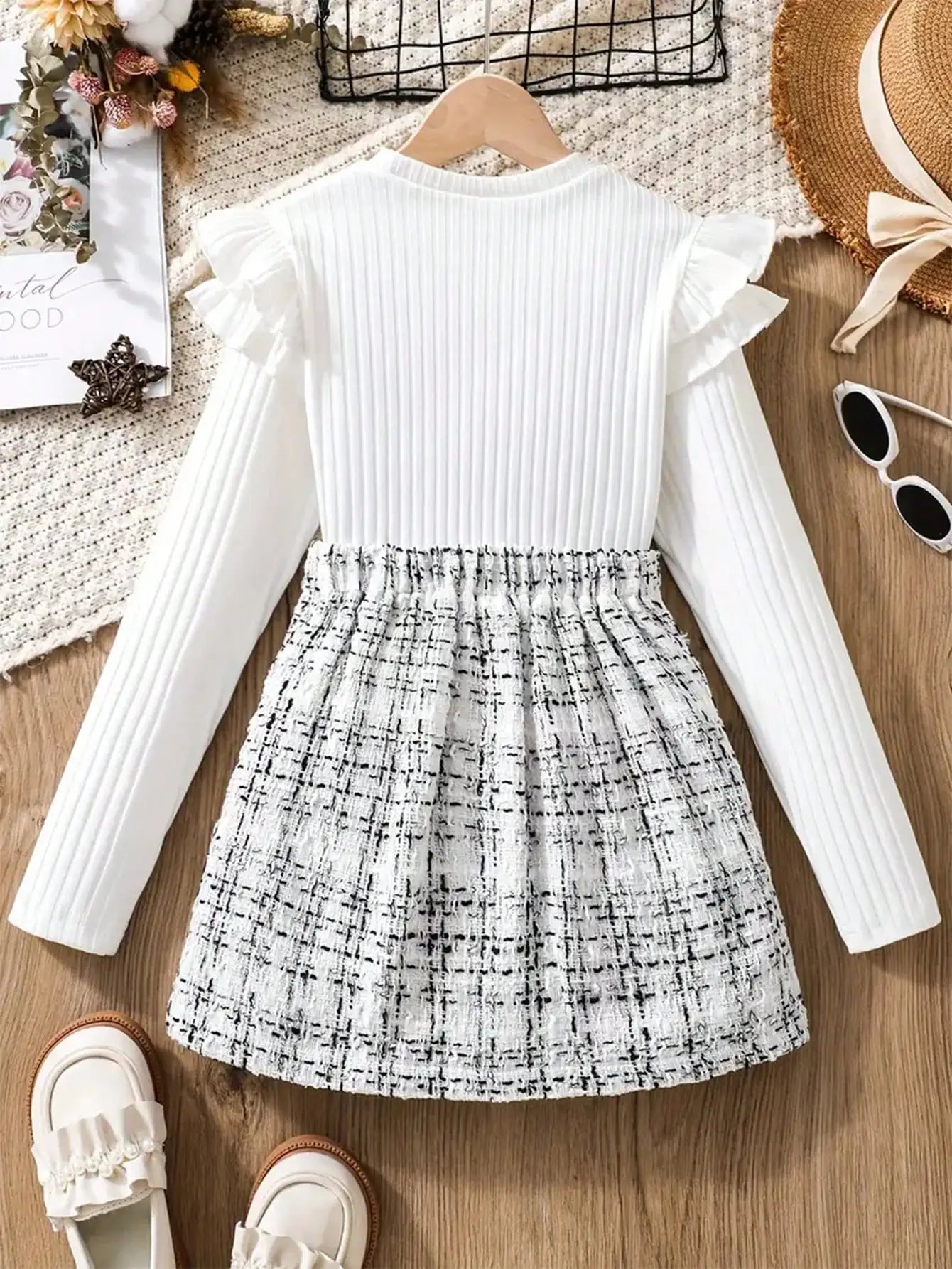 Girls 2Pcs Ruffle Edge Length Sleeve Top Twill Knit Skirt Set