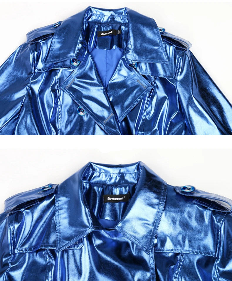 Women's Long Shiny Reflective Patent Leather Trench Coat