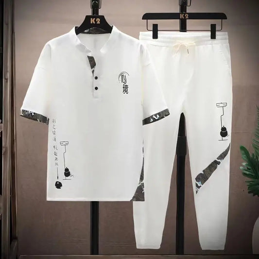 Men's 2Pcs Elastic Waist Shirt Suit Set
