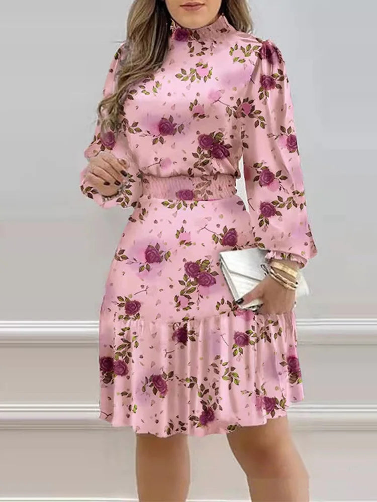 Women's Floral Print Lantern Sleeve Shirred Ruffles Midi Dress