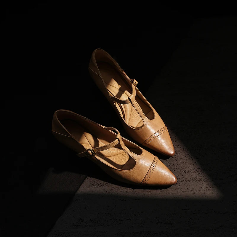 Women's Cow Leather T-Strap Pumps Shoes