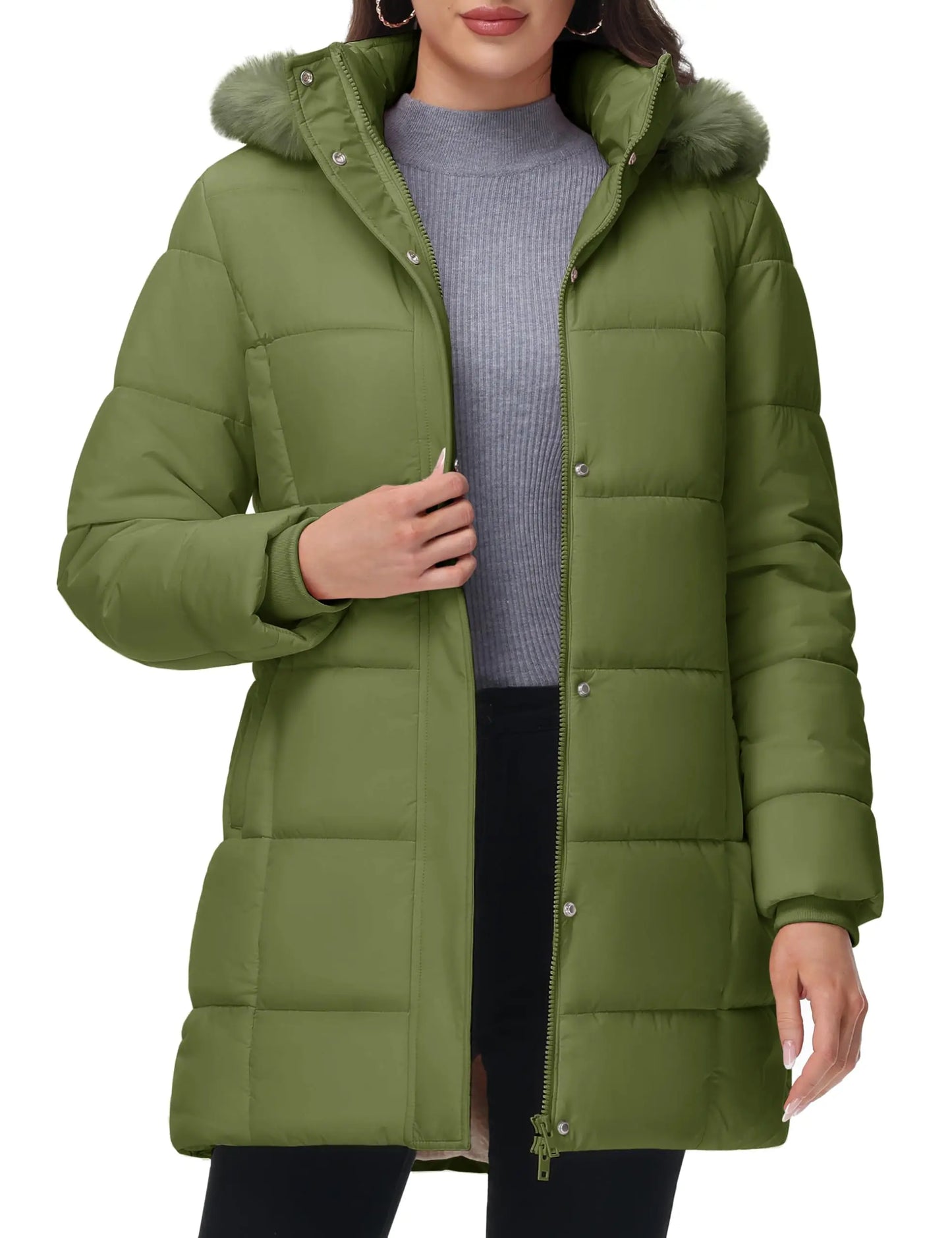Women's Fleece Lined Ribbed Cuff Windproof Puffer Coat