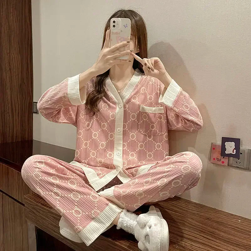 Women's 2Pcs Warm Button Sleepwear Set
